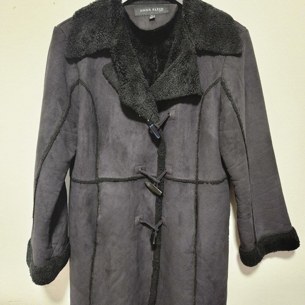 Anne Klein Charcoal Faux Shearling Suede Toggle Coat Fur Trim Jacket Large